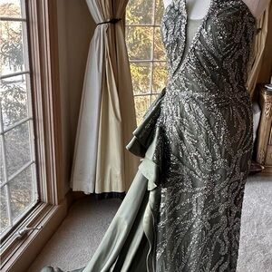 Elegant Green Beaded Evening Gown